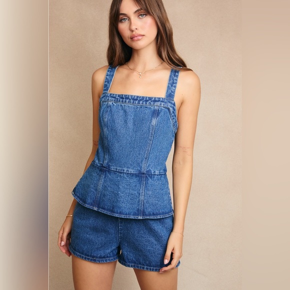 Peplum Top Denim Romper with Tie Back - Le Lis - Picture 1 of 6